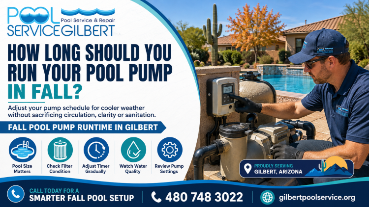 How Long Should You Run Your Pool Pump in Fall? When Gilbert temperatures begin to ease, many pool owners wonder whether the pump schedule should change. Summer settings were chosen for hot water, intense sun, frequent swimming and monsoon debris. Leaving that schedule untouched may use more electricity than necessary, but cutting the hours too sharply can allow circulation and water quality to suffer. There is no single fall setting for every pool. The correct schedule depends on pool volume, pump type, filter condition, sanitizer, water features and the amount of debris entering the water. Jandy advises that minimum pump runtime depends partly on the size and volume of the pool. Begin With the Job the Pump Must Do The pump moves water through the filter and returns it to the pool. It may also operate a salt system, heater, cleaner, spa spillway or water feature. The schedule must be long enough and fast enough to support equipment that depends on flow. Pool volume and the pump’s actual flow rate provide a better starting point than copying a fixed number of hours from another homeowner. A large pool with restrictive plumbing will not circulate at the same rate as a compact pool with a modern variable speed system. Fall Does Not Mean the Pool Stops Working Gilbert pools generally remain open through autumn. Leaves, dust and landscaping debris still enter the water, and warm afternoons continue well beyond summer. Swimming may become less frequent, but the water still needs sanitation and filtration. Reduce runtime gradually rather than making one large change. Watch clarity, surface debris and chemical readings for several days after each adjustment. If the water looks dull or the sanitizer will not hold, the new setting may be too short or the system may have another problem. Variable Speed Pumps Need a Different Approach A single speed pump runs at one fixed output. A variable speed pump can operate longer at a lower speed for routine filtration, then use higher speeds for a cleaner, heater or water feature. Pentair notes that variable speed pumps can be programmed for different filtration cycles and pool functions. Longer operation at low speed can be efficient, but the lowest possible speed is not automatically correct. The pump still has to create enough flow for the skimmer, filter and other equipment. A technician can confirm whether the programmed speeds are accomplishing the intended work. Check the Filter Before Changing the Timer A dirty filter reduces flow. Extending the schedule may hide the symptom without solving the restriction, while cutting runtime can make cloudy water appear sooner. Read the filter pressure, empty the pump and skimmer baskets and inspect the return flow before reprogramming the timer. If the pump loses prime, makes unusual noise or shows air under the clear lid, schedule a repair rather than treating the issue as a timing problem. Pool Service Gilbert repairs pumps and motors and provides dedicated timer inspection and replacement. Use Water Quality as the Test The schedule is working when the pool remains clear, the sanitizer stays within its proper range and debris is removed consistently. Check the water after windy days, gatherings or warmer weather because temporary changes may require extra circulation. When a salt chlorine generator or another flow dependent device shares the pump schedule, review its operating requirements before reducing hours or speed. Test the water after every meaningful schedule change rather than assuming the previous equipment settings will remain suitable. Review Electricity Rates and Automation Timers and automation systems make seasonal changes easier, but only when their clocks and programs are correct. Power interruptions, worn mechanical timers and incorrect schedules can cause pumps to start at the wrong time or fail to complete the cycle. Variable speed equipment can separate routine filtration from higher speed tasks. The United States Environmental Protection Agency identifies variable speed pumps and targeted maintenance as ways to reduce pool energy and water use. Ask for a Fall Equipment Check Pool Service Gilbert repairs and installs pumps, motors, filters, timers and automation controls, while also providing weekly cleaning throughout Gilbert, Chandler, Mesa, Tempe, Ahwatukee and Phoenix. A technician can review the pool volume, equipment and current program instead of relying on a generic rule. Call 480 748 3022 to arrange a fall pool evaluation and set a pump schedule that protects water quality without unnecessary runtime. References Pool Service Gilbert Timer Replacement Pool Service Gilbert Pump and Motor Repairs Pentair Pool Pump Information Guide Jandy Energy Efficient Pool Pump Guide United States EPA Pool Water Efficiency